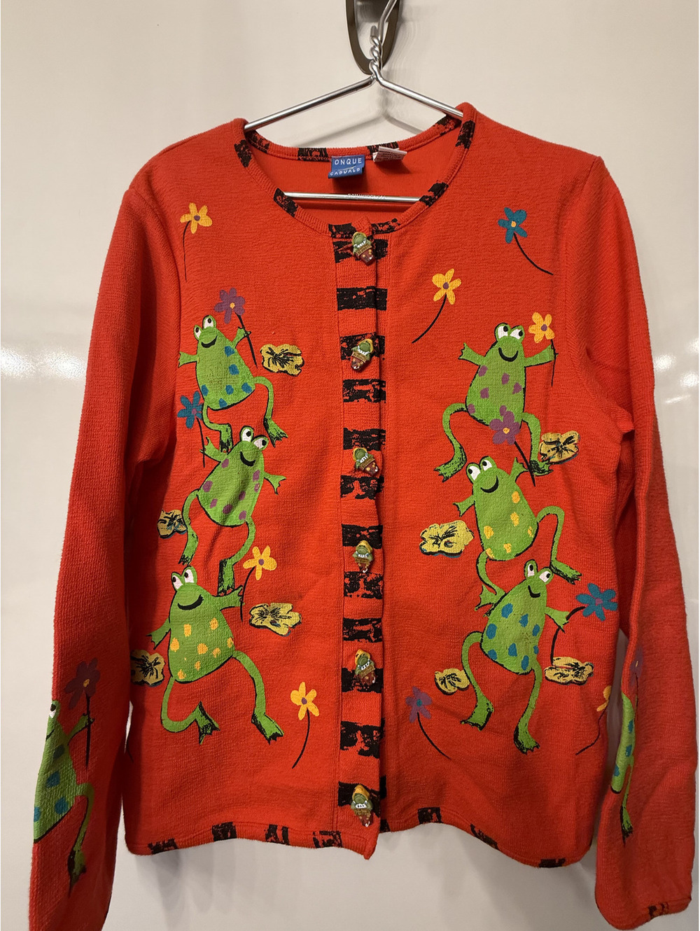 Onque Casuals Red Frog Print Cotton Cardigan Sweater Size Small